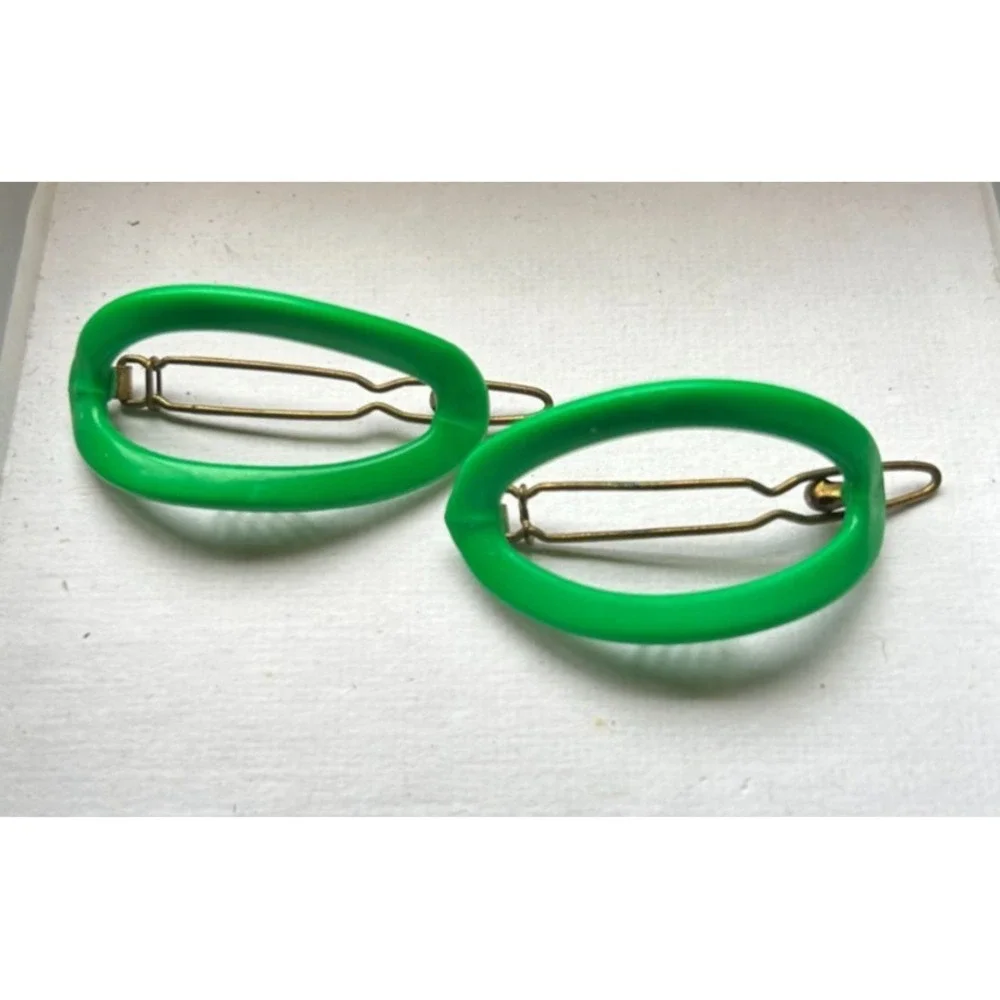 Vintage France Green Oval Hair Clips Matching Pair 1970s Mod Open Barrette Set